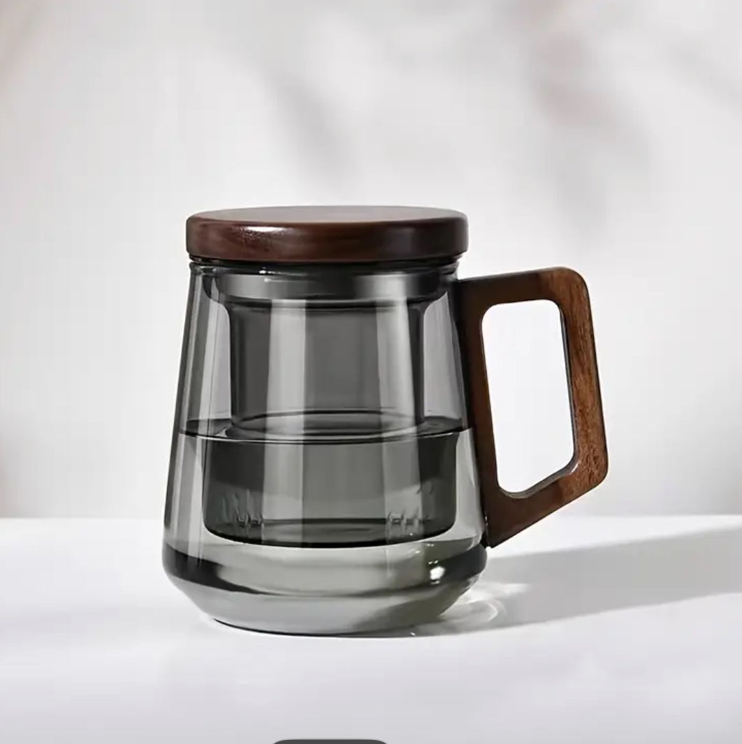 Transparent Large Belly Three-Piece Glass Tea Cup 400ml | Heat-Resistant Borosilicate with Wooden Handle