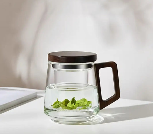 Transparent Large Belly Three-Piece Glass Tea Cup 400ml | Heat-Resistant Borosilicate with Wooden Handle