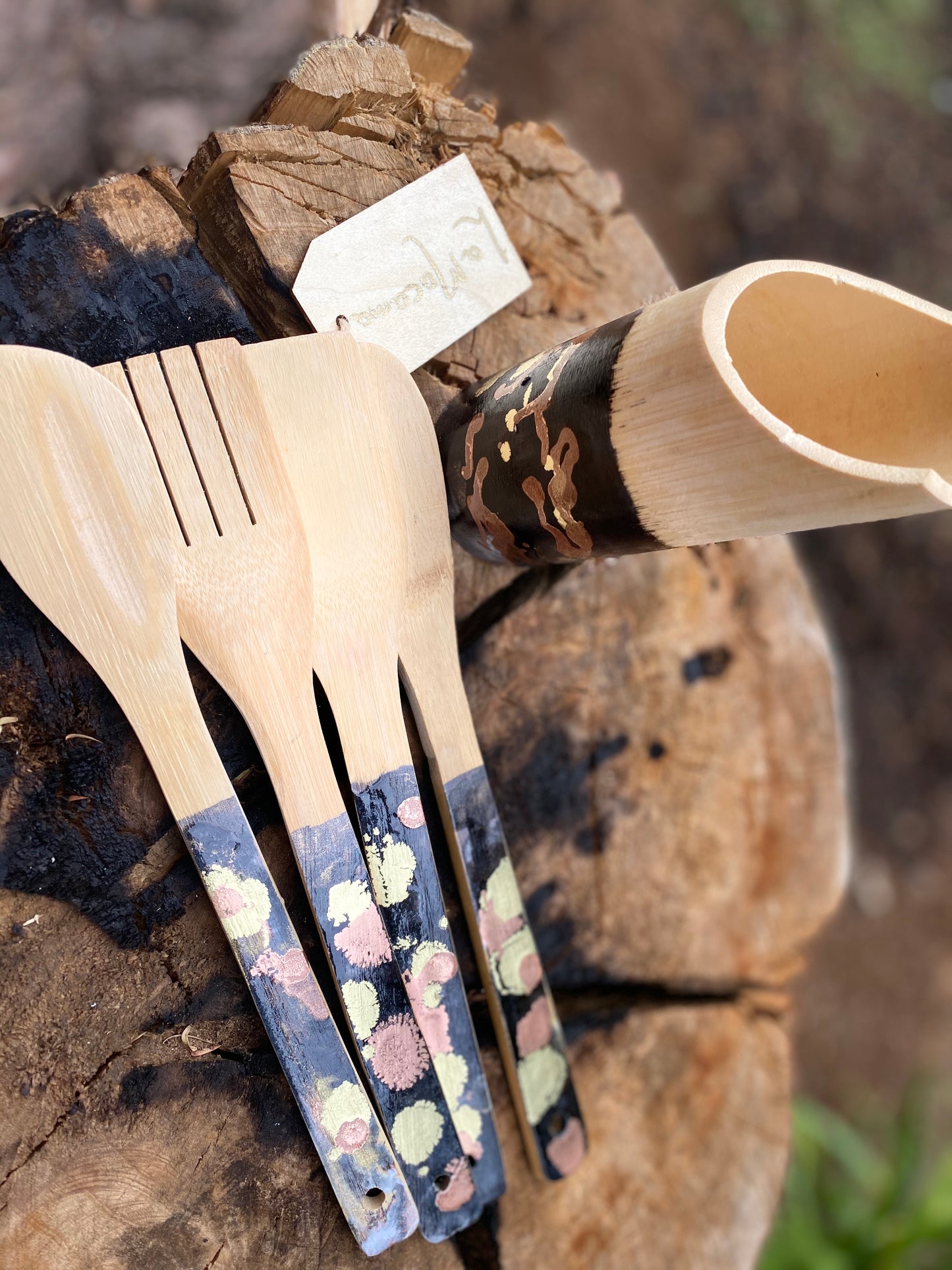 Bamboo wood resin coated kitchen utensil set